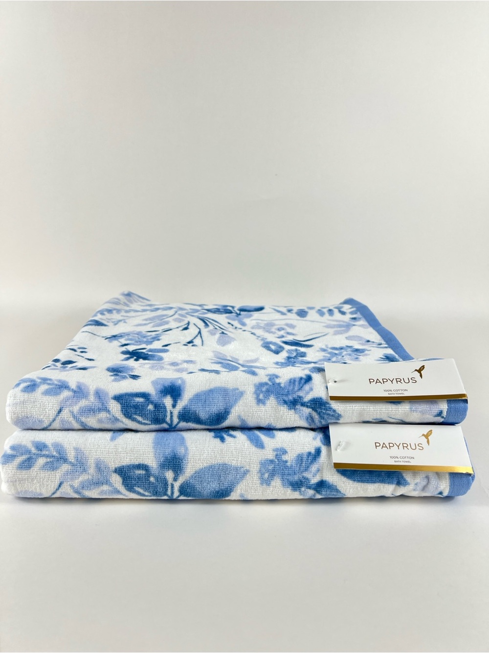 Papyrus Bath Towel Set 2 Pc Blue White Floral Soft 100% Cotton Velour NEW